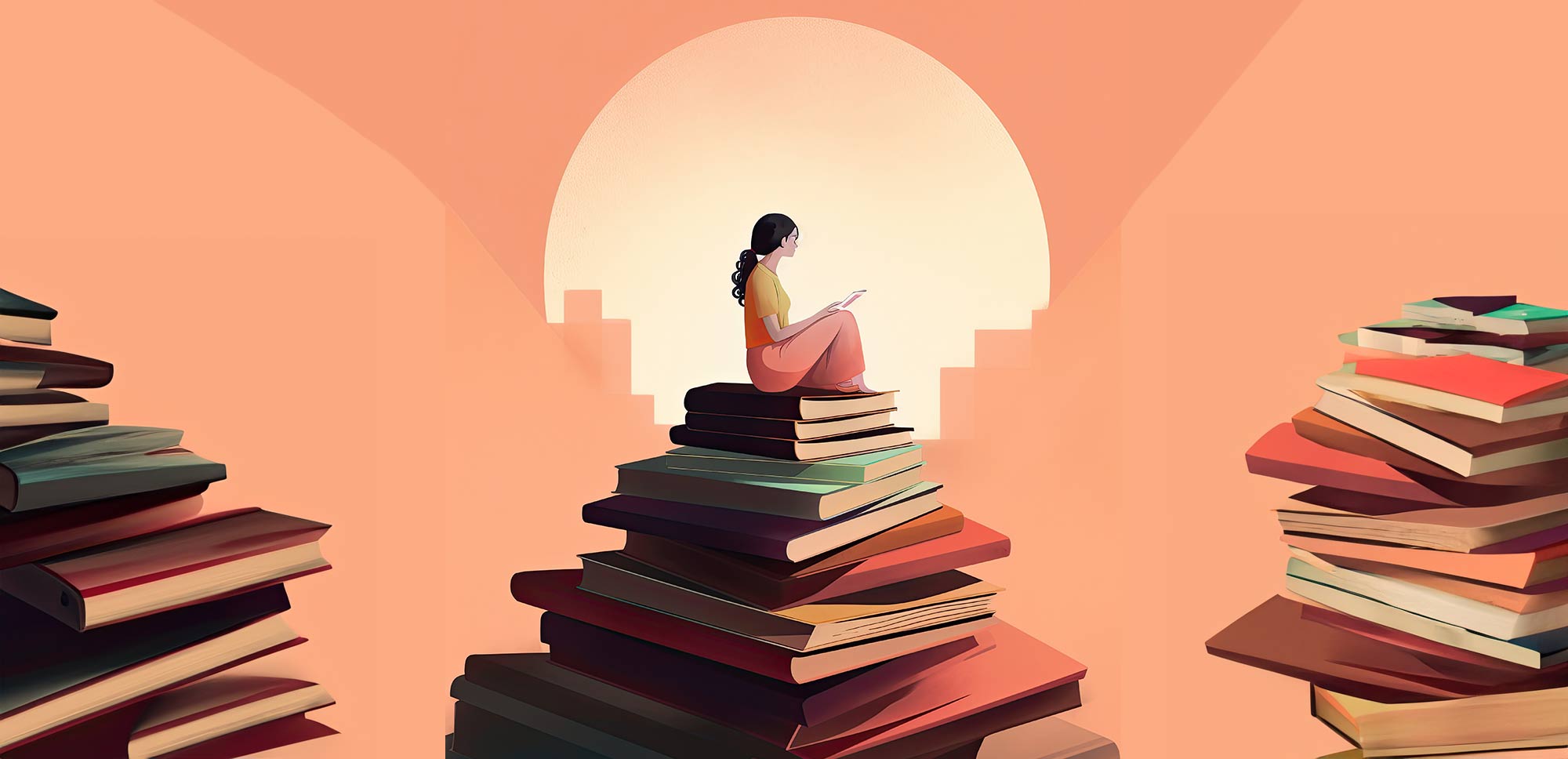 mujer leyendo sobre montaña de libros