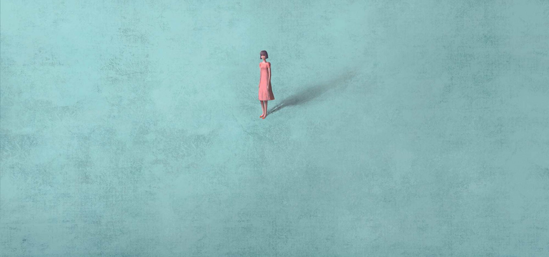 una chica sola con un vestido rosa en un fondo azul