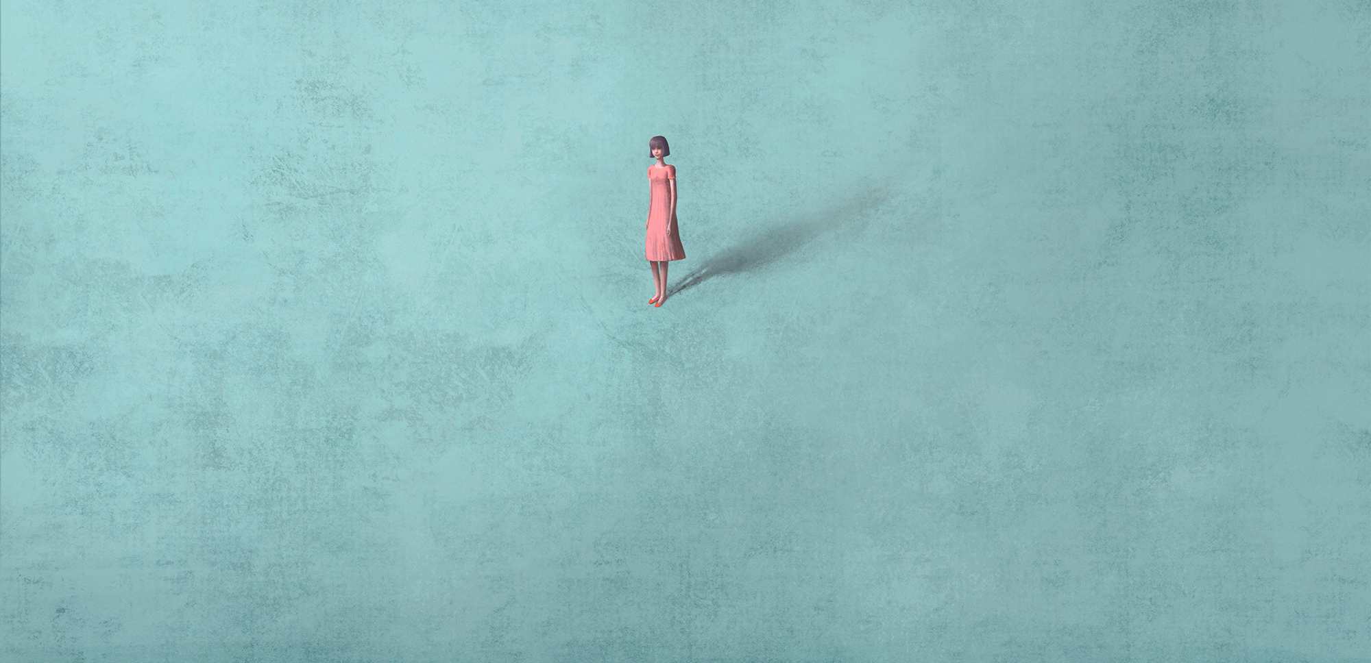 una chica sola con un vestido rosa en un fondo azul