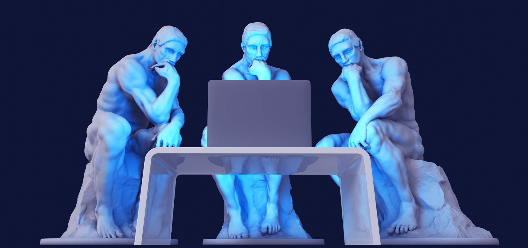 tres personas digitales pensando frente a un ordenador portatil