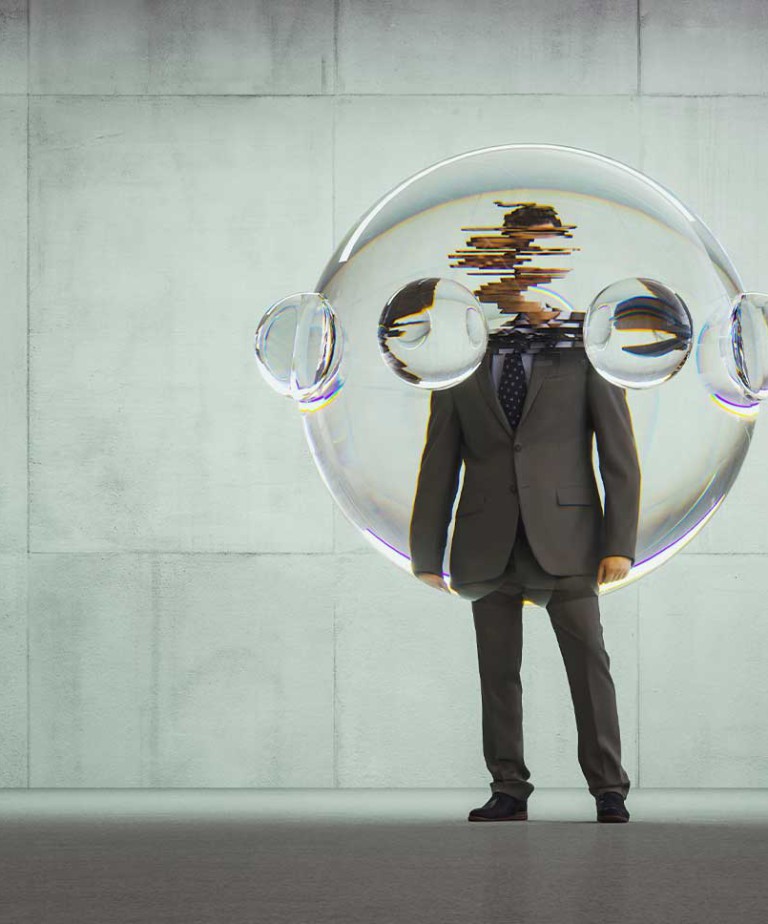 hombre de negocios ejecutivo con la cabeza dentro de una burbuja sidromes laborales