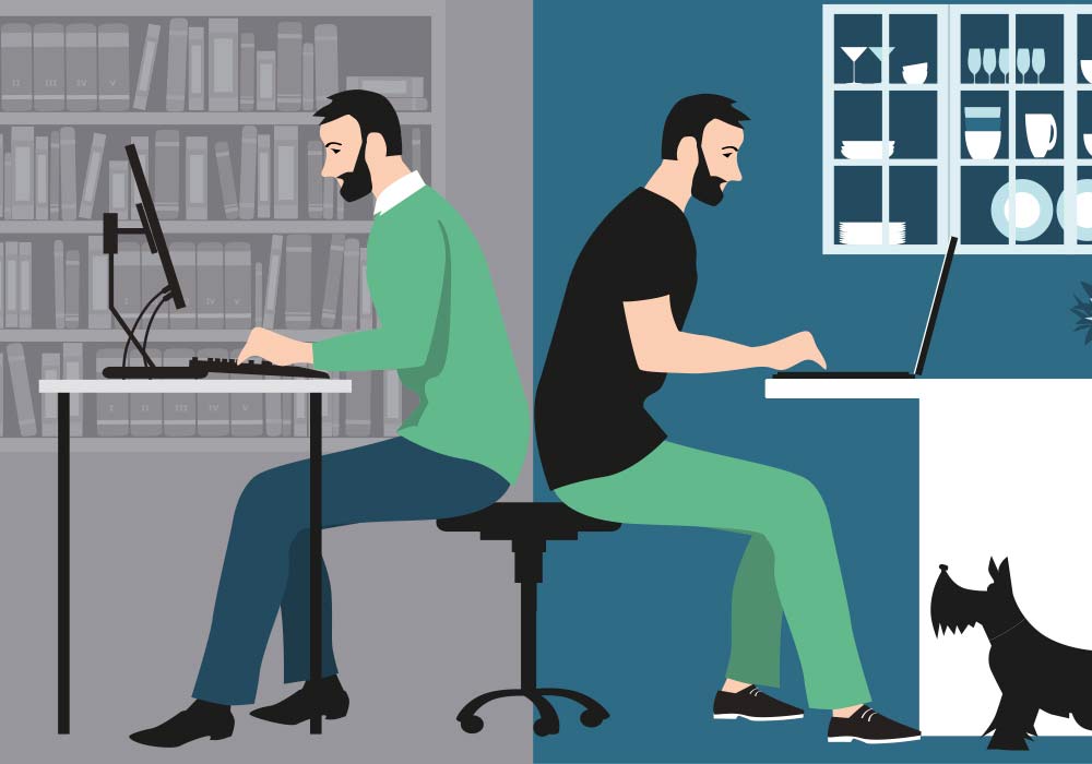 dos personas trabanado en casa diferentes hombres con barba teletrabajo productividad