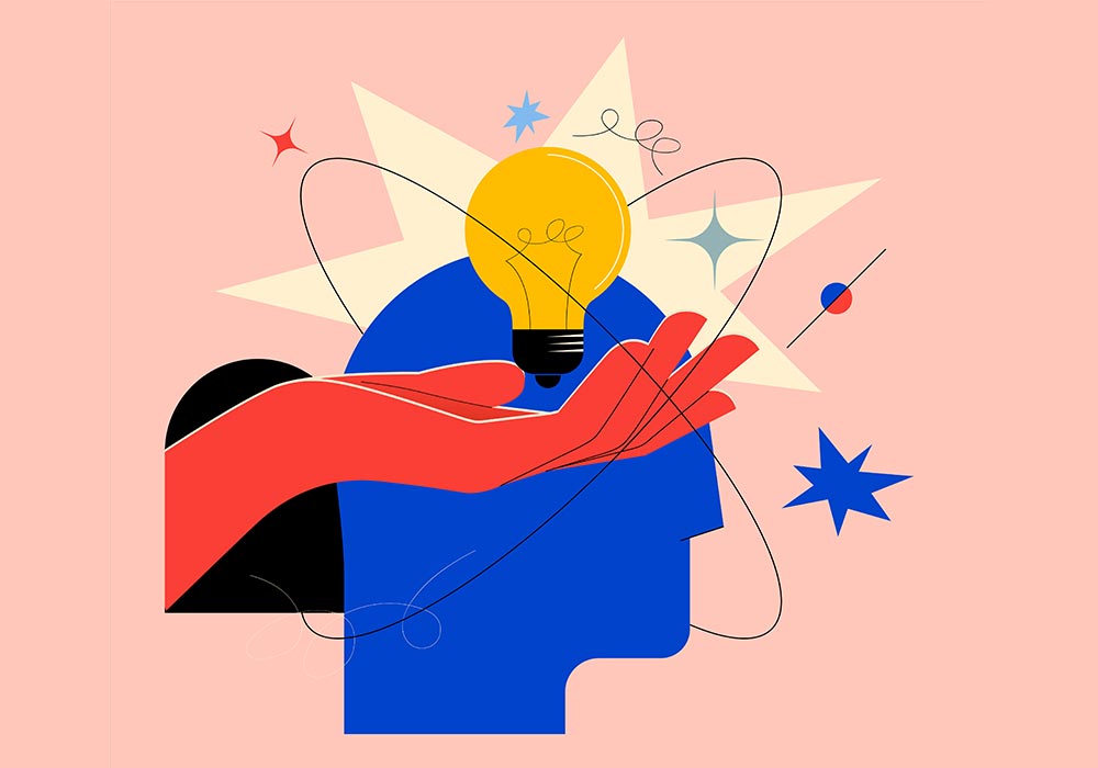 ilustracion de una cabeza azul con una bombilla amarilla representando la creatividad y el reconocimiento