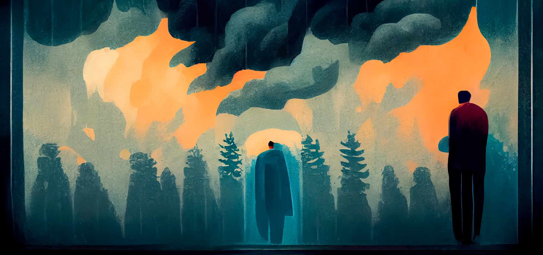 pintura de siluetas de hombre en un bosque oscuro