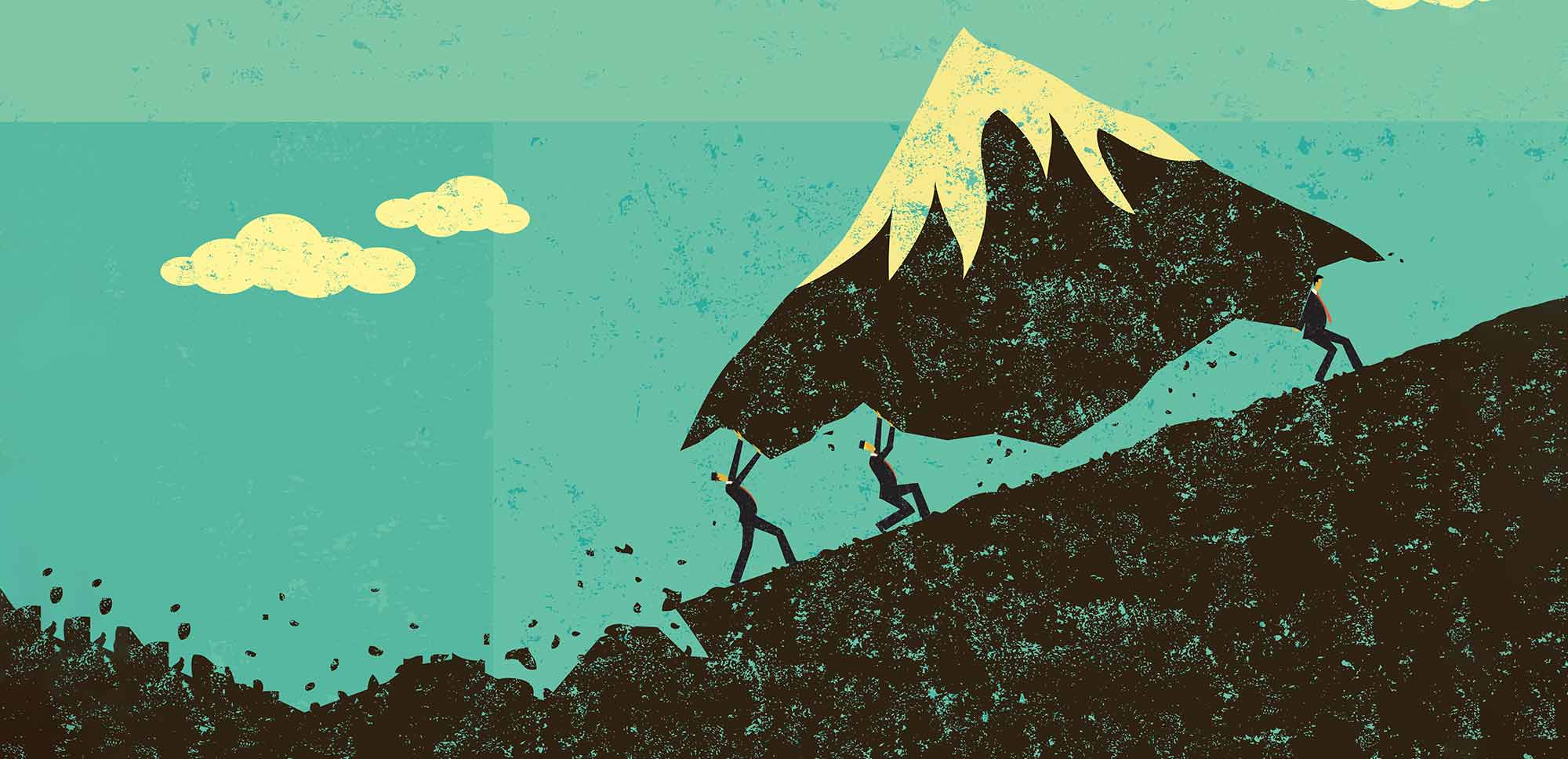 ejecutivos subiendo una colina mientras cargan con una montaña para representar el liderazgo afirmativo