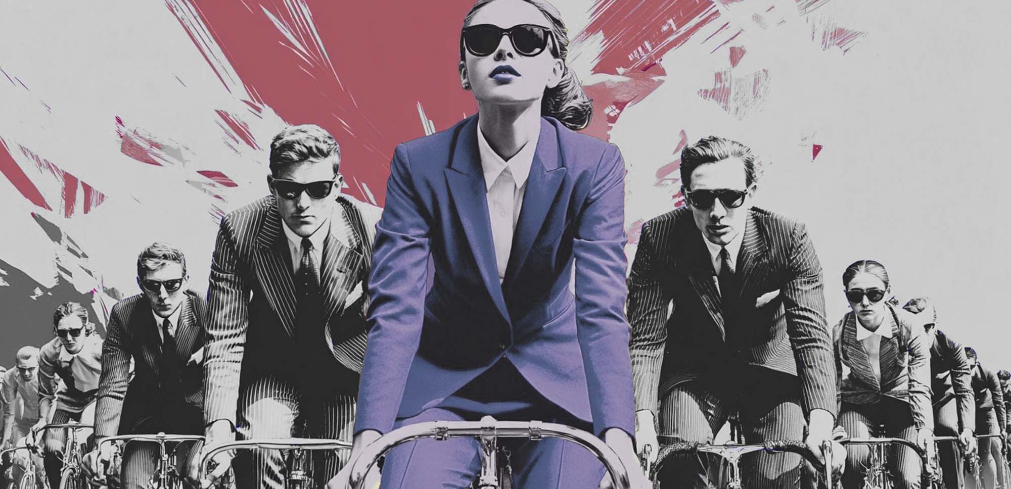 peloton de ciclistas en traje en blanco y negro y la líder con un traje morado